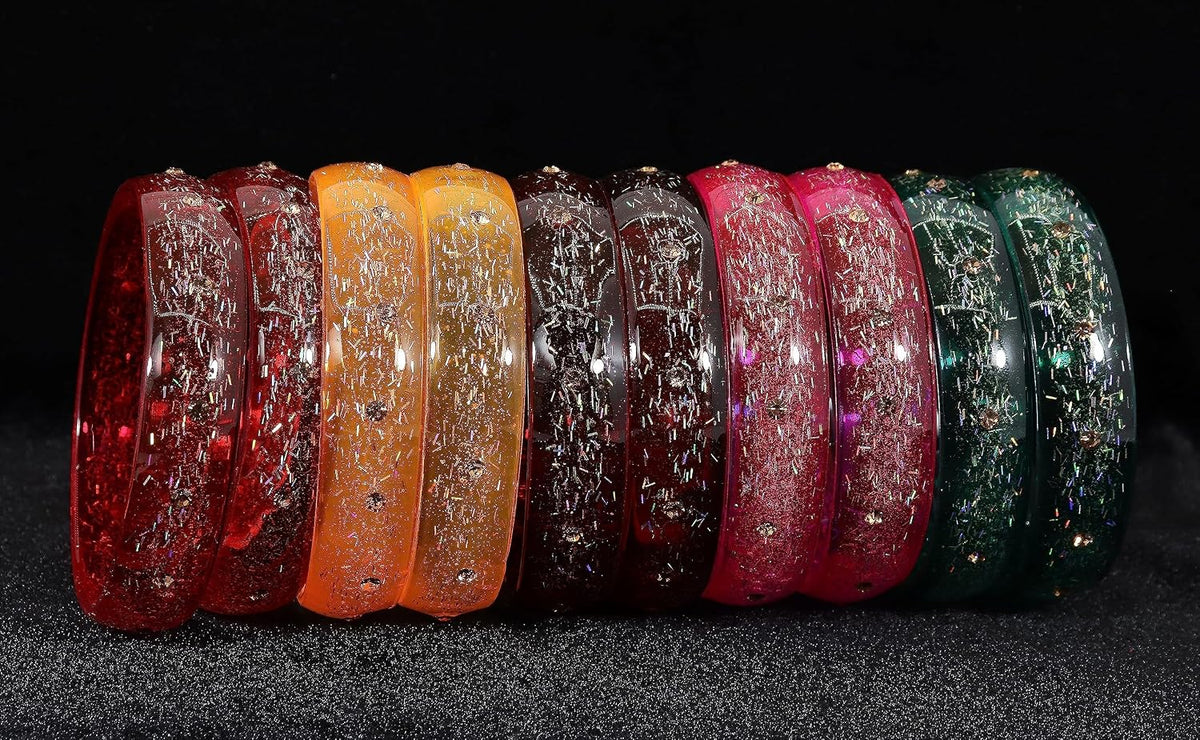 NMII Glass with Glitter and Feather Design Glossy Finished Multicolor Kada Set For Girls and Women- (Football-A21-MR2-2.4), Pack of 10 Multicolor Kada