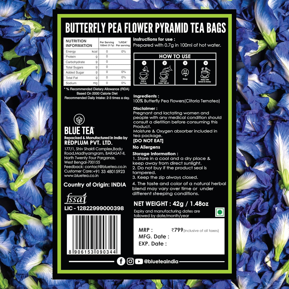 BLUE TEA - Butterfly Pea Flower Tea - 60 Tea Bags - Plant Based | ANTIOXIDANT RICH | Aparajita - Shankhpushpi | Caffeine Free - Detox Tea - Flower Based - Herbal Tea | Zipper