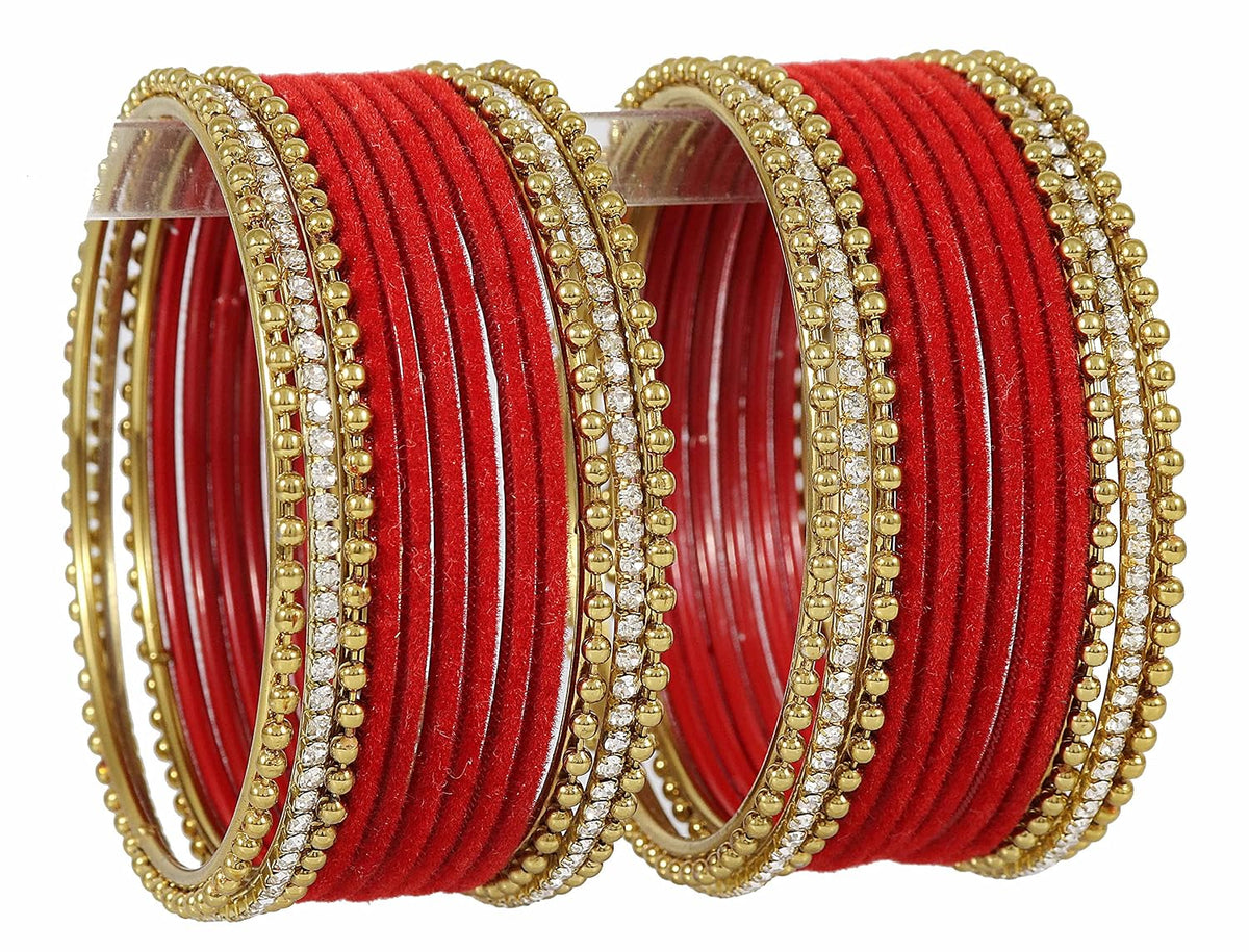 NMII Non-Precious Metal Base Metal With Velvet and Ball Chain Or Zircon Gemstone Studded Worked Bangles Set For Women and Girls