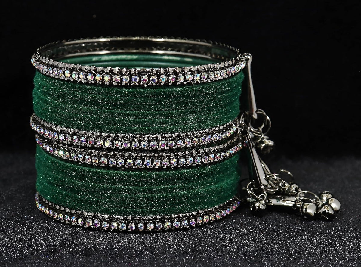 NMII Metal with Zircon Gemstone and Velvet Adorned Bells Latkan Bangles Set For Girls and Women