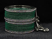NMII Metal with Zircon Gemstone and Velvet Adorned Bells Latkan Bangles Set For Girls and Women