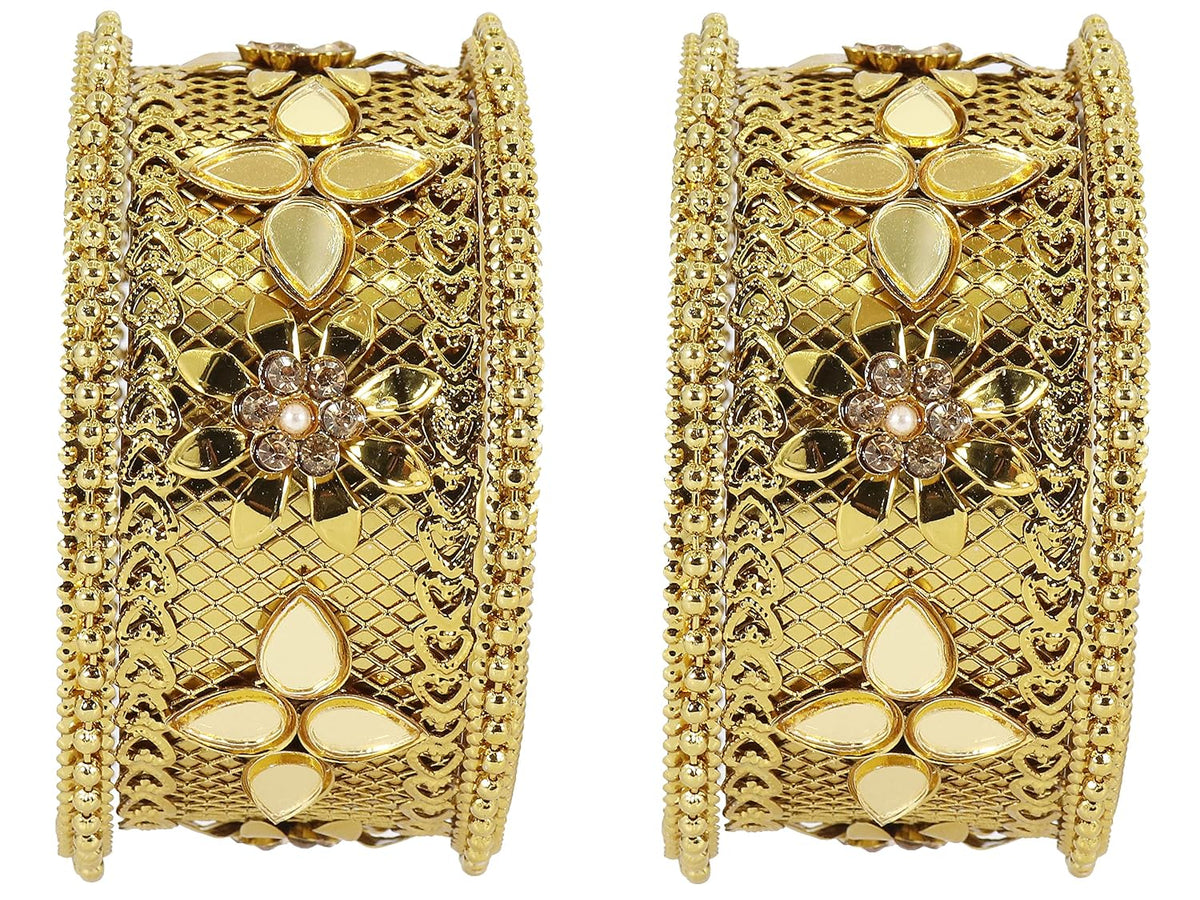 NMII Non-Precious Metal Studded with Mirror or Zircon Gemstone and Linked with Ball Chain Glossy Finished Heart Shaped Kada Bangle Set For Women and Girls