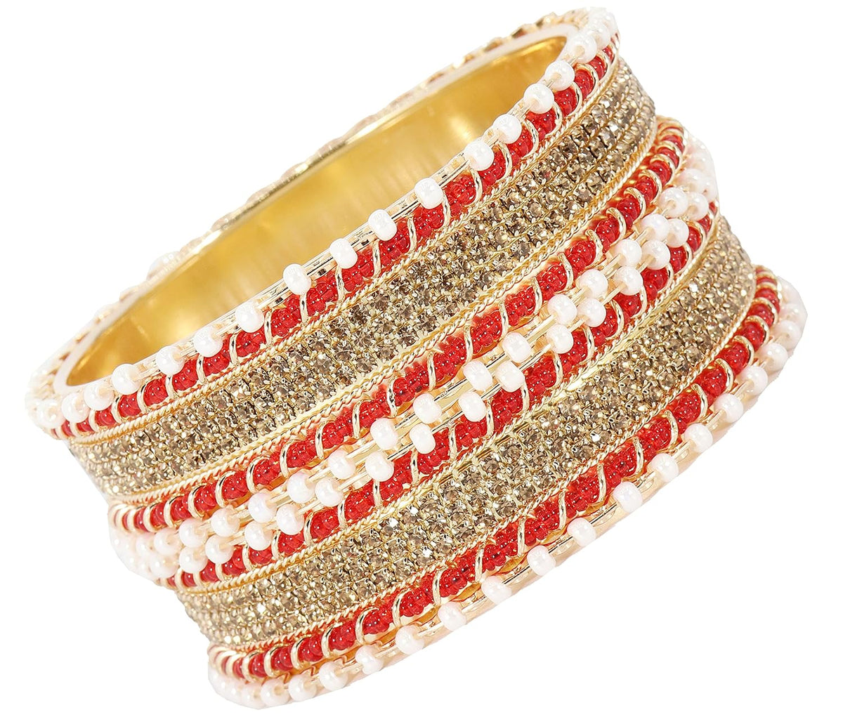 NMII Non-Precious Metal Base Metal Studded with Zircon Gemstone and linked with Pearl Chain Glossy Finished Kada/Bangle set for Women and Girls