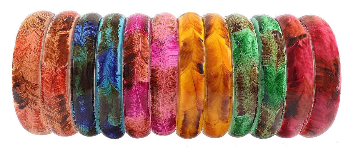 NMII Glass and Feather Pattern with Glossy Finished Kada Set For Women and Girls, (Multi-Colour2_2.8 Inches), Pack Of 12 Kada Set