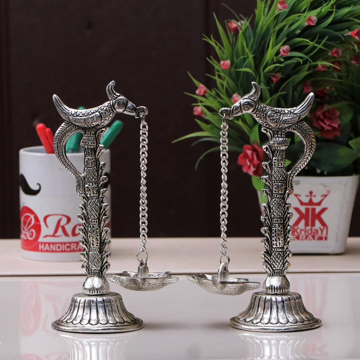 KridayKraft Parrot Design Metal Hanging with Chain Diya Pair of Parrot Design