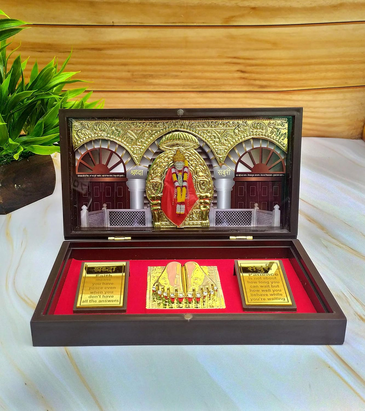 SHINDE EXPORTS Wooden Decorative Shirdi Sai Baba Photo Frame with Charan Paduka for God Pooja and Gift, Square, Tabletop, Wall Mount, 8.5x4.5 inch