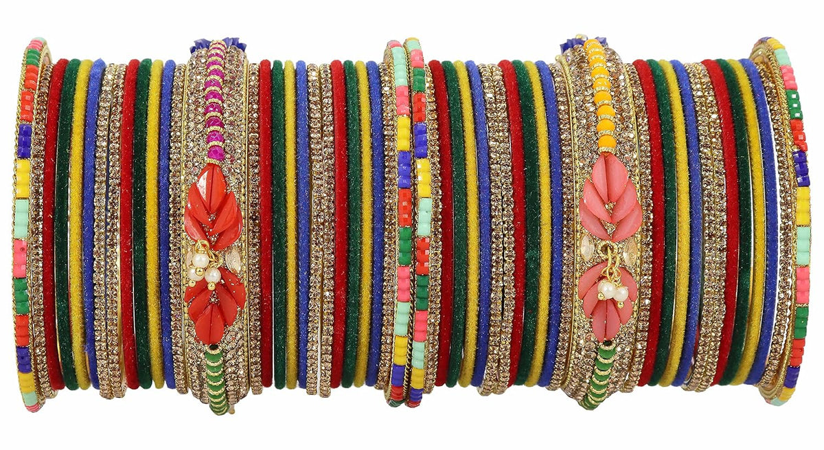 NMII Metal With Zircon Gemstone and Beads Studded Velvet Bangles For Women and Girls