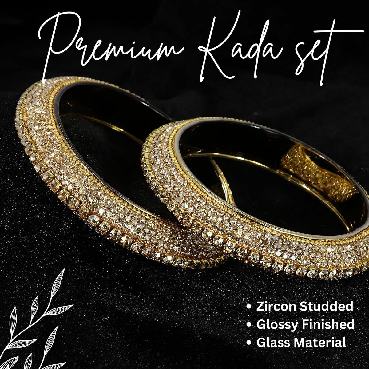 NMII Glass with Premium Golden Zircon Gemstone Studded Bangles Kada Set For Women & Girls | Fancy Glass Bangles | Traditional Kangan | Glass Bangles For Wedding, Party, Occasion Wear- Set of 2