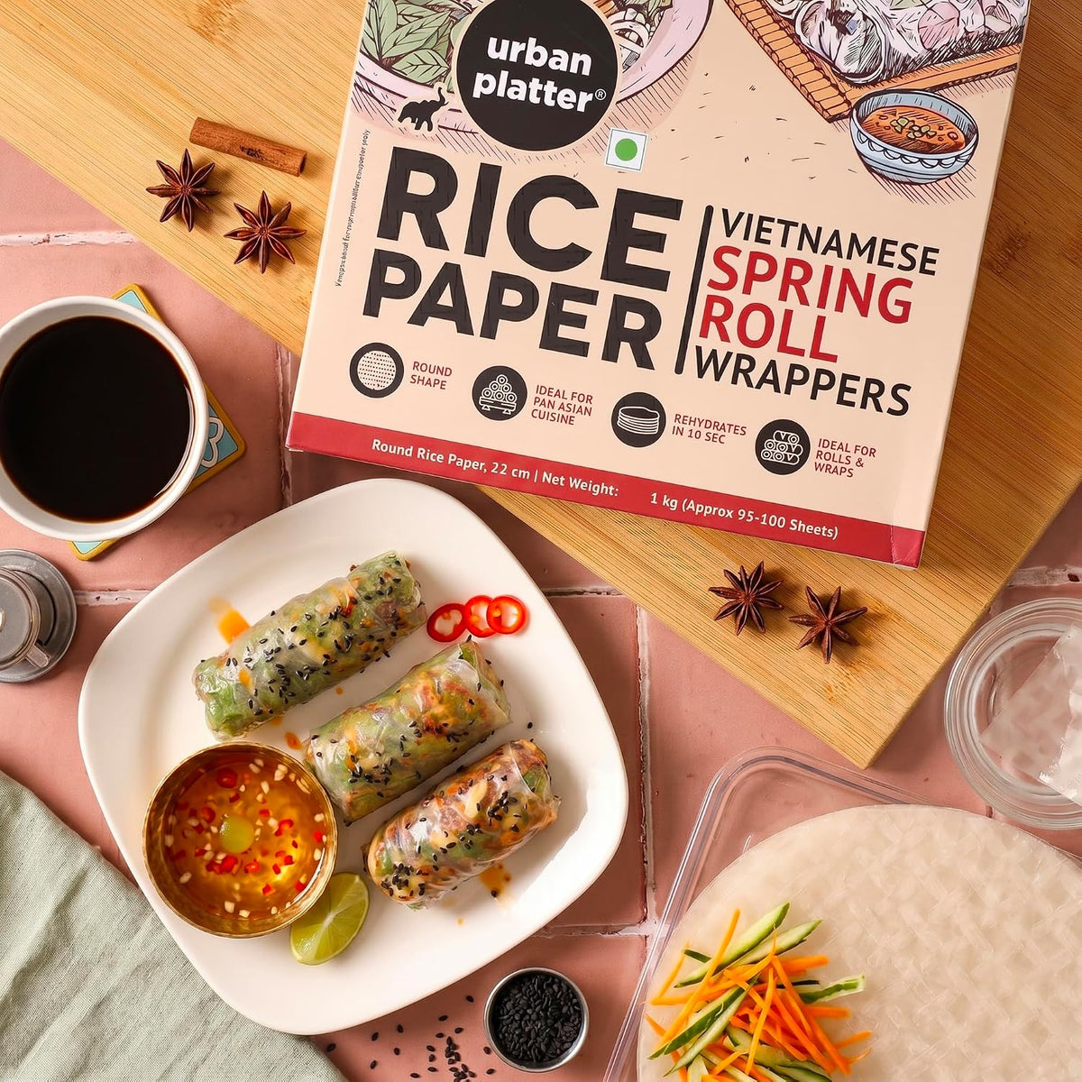Urban Platter Large Rice Paper Sheets, 1kg (Vietnamese Spring Roll Wrappers Pan Asian Cuisine, Ideal for Rolls and Crackers)