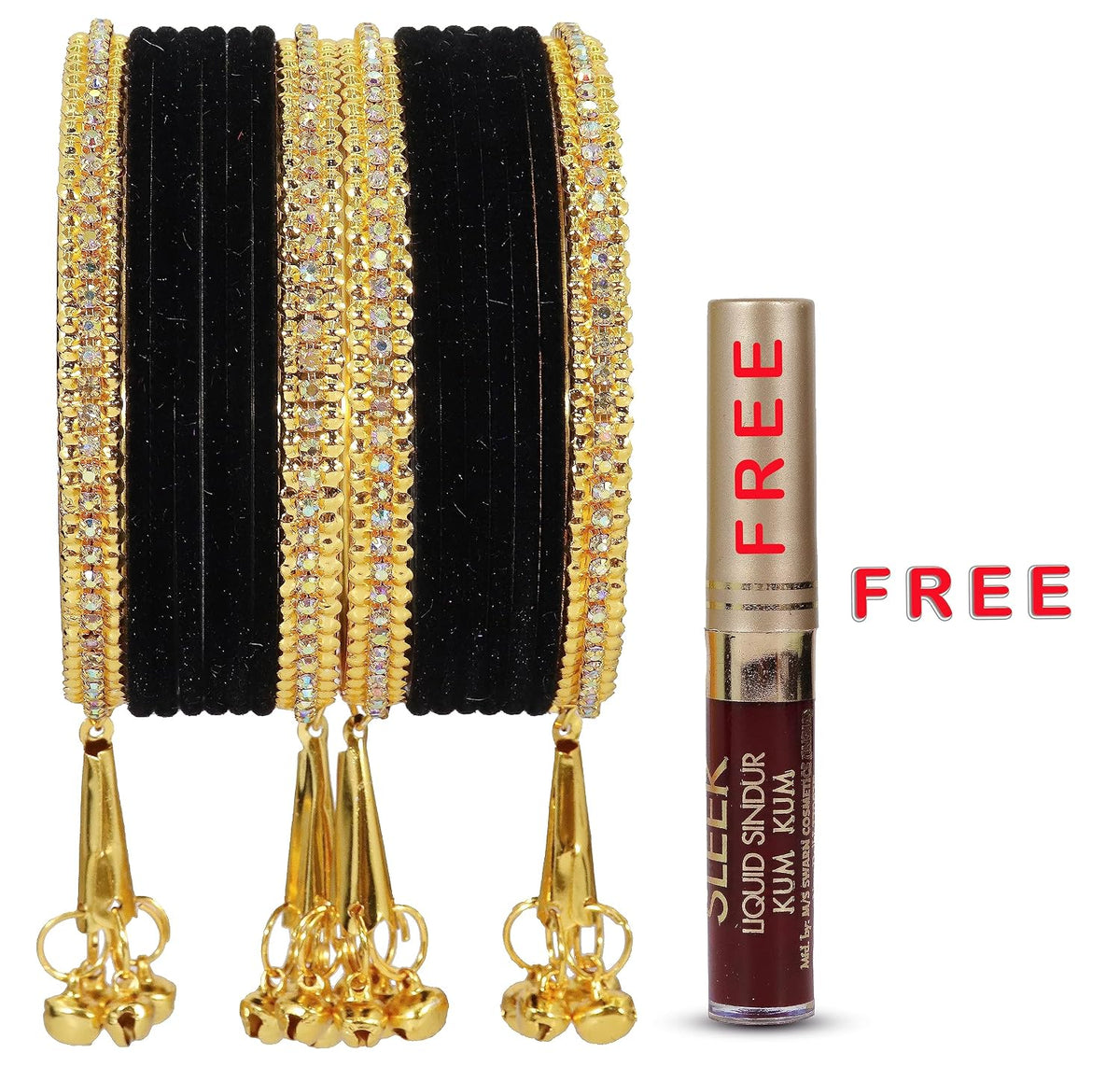 NMII Metal with Zircon Gemstone and Velvet Studded Bells Latkan Bangles Set For Girls and Women I Latkan Bangles, Premium Bangle Bracelet Set I Pack of 16 Bangles