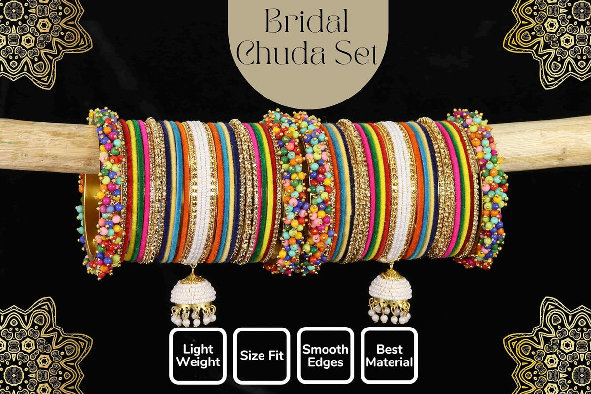 NMII Traditional Metal Velvet Bangles With Pearls & Zircon Stone Latkan Chuda Set for Bridal Women & Girls | Premium Set With Latkan for Wedding, Party, Festive, Occasion Wear - Set of 54
