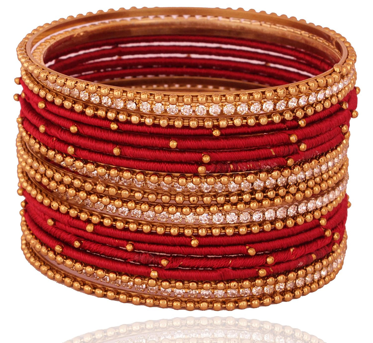NMII Non-Precious Metal Base Metal With Silk Thread and Zircon Gemstone Studded Worked Or Linked Ball Chain Glossy Finished Bangles Set For Women and Girls