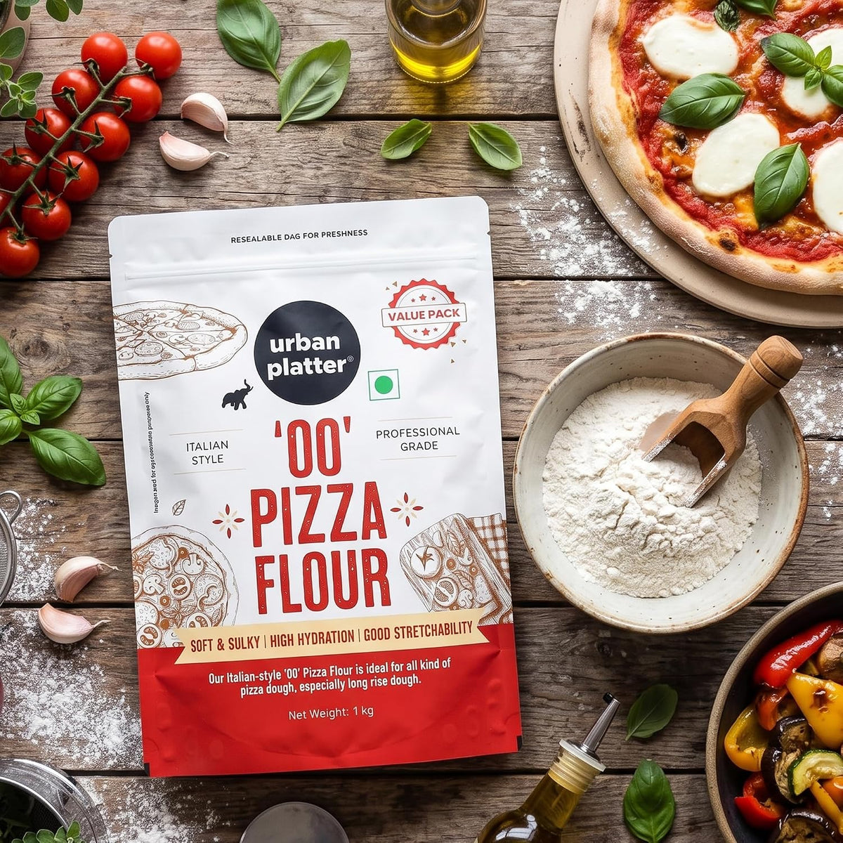 Urban Platter '00' Pizza Flour, 1kg (Superfine Durum Wheat for Soft & Stretchy Dough | Professional-Grade | Maida-Free | Perfect for Homemade Pizza)