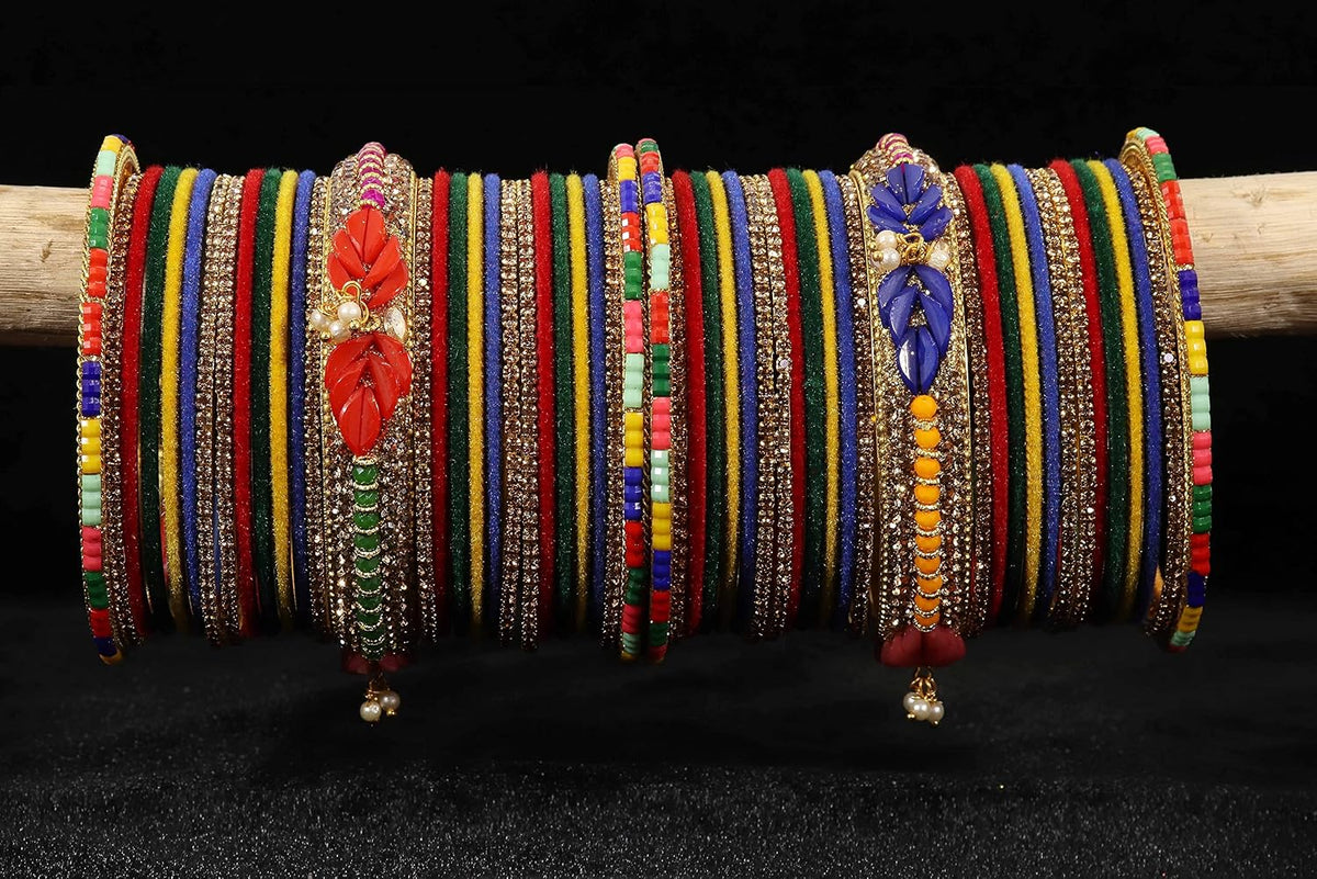 NMII Metal With Zircon Gemstone and Beads Studded Velvet Bangles For Women and Girls