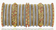 NMII Metal with Zircon Gemstone and Beads Studded Ball Chain Linked Glossy Finished Velvet Bangles Chuda set for Women and Girls