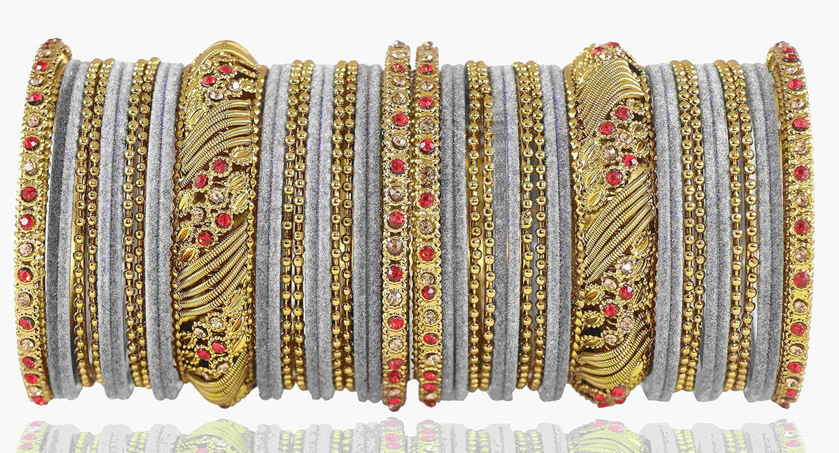 NMII Metal with Zircon Gemstone and Beads Studded Ball Chain Linked Glossy Finished Velvet Bangles Chuda set for Women and Girls