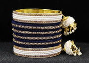 NMII Alloy Metal with Zircon Gemstone, Pearls and Velvet Latkan Golden Bangles Set For Girls and Women