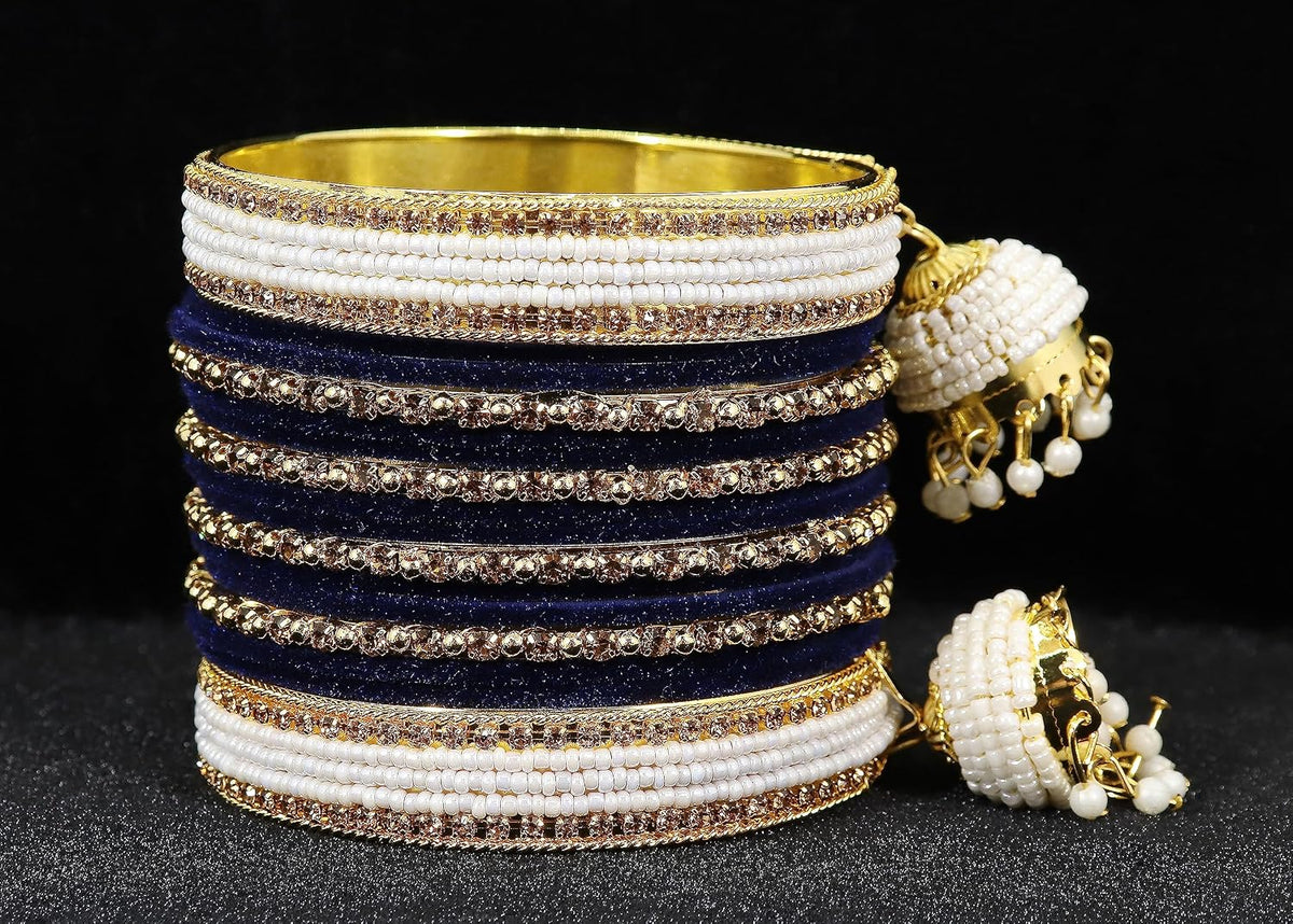 NMII Alloy Metal with Zircon Gemstone, Pearls and Velvet Latkan Golden Bangles Set For Girls and Women