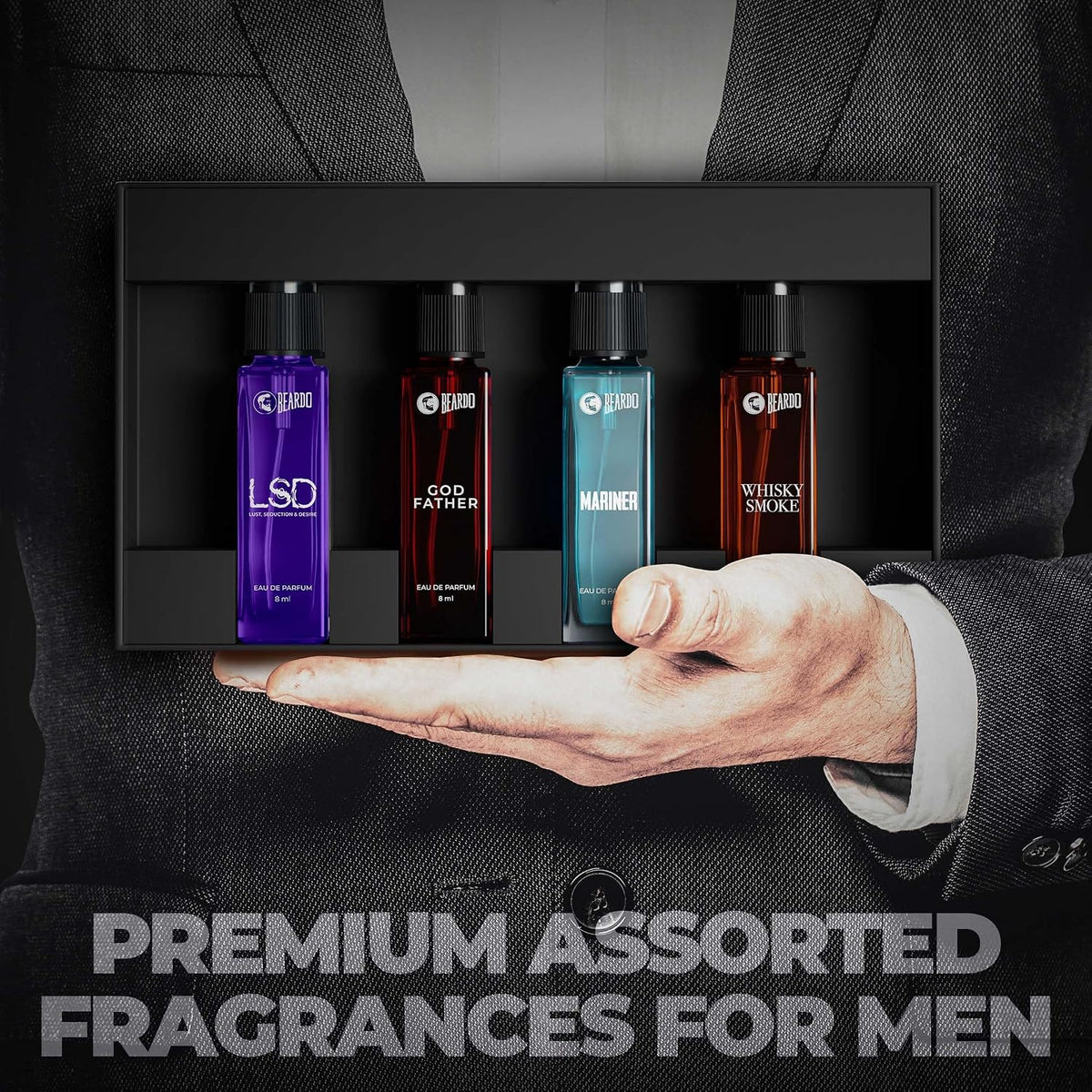 Beardo Perfume for Men - Premium Giftset 4x8ml | Black Musk, Godfather, Dark Side & Whisky Smoke | Eau De Perfume | Strong & Long Lasting Fragrance | Rakhi Gift for Brother | Gift for boyfriend | Gift for Men | Gift for Brother