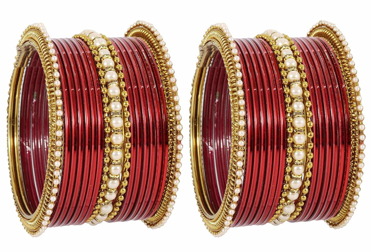 NMII Non-Precious Metal Base Metal Studded with Pearl or Zircon Gemstone and Linked with Ball Chain Glossy Finished Bangle Set For Women and Girls
