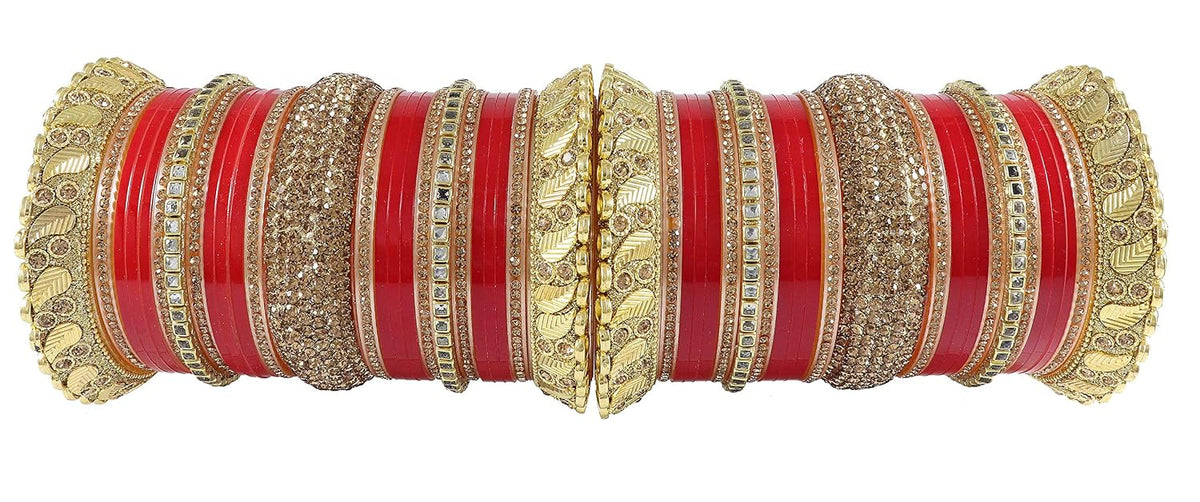 NMII Traditional Gold Plated Acrylic Bangles Bridal Chuda Set For Women & Girls with Zircon Diamond & Pearls Beads Work | Royal Wedding Chudas | Premium Look | Bangles For Wedding, Festive, Function