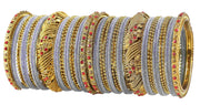 NMII Metal with Zircon Gemstone and Beads Studded Ball Chain Linked Glossy Finished Velvet Bangles Chuda set for Women and Girls