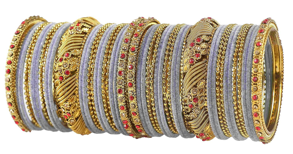 NMII Metal with Zircon Gemstone and Beads Studded Ball Chain Linked Glossy Finished Velvet Bangles Chuda set for Women and Girls