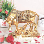 KridayKraft Kamdhenu Cow,Calf with Bal Gopal Krishna Metal Statue for Good Luck,Feng Shui As Table Top Figurine,Vastu,Religious Gau MATA Idol Home,Office&Table