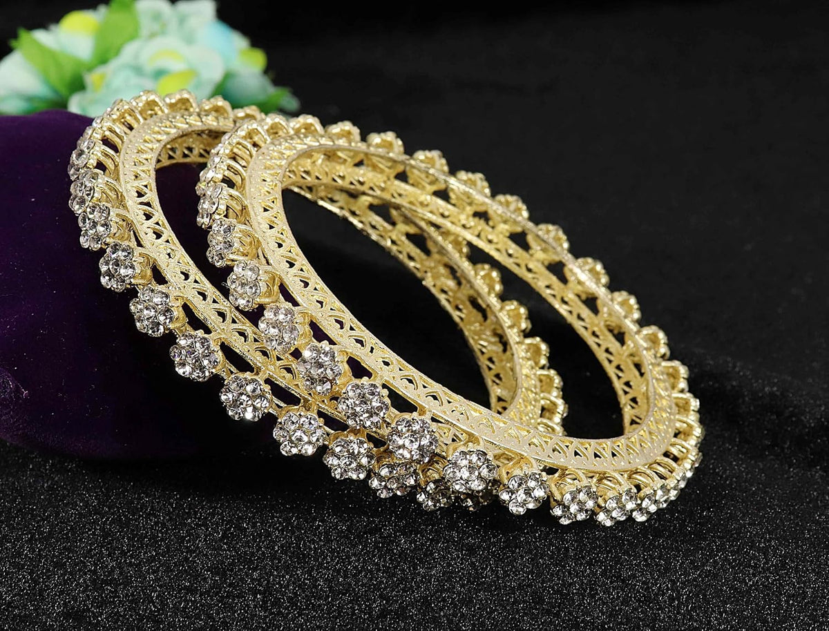 NMII Premium Gold Plated Metal American Diamond Bangles Set For Women & Girls | Pacheli Kada For Women | Traditional Golden Bangles Kada For Wedding, Party, Occasion Jewellery- Set of 2
