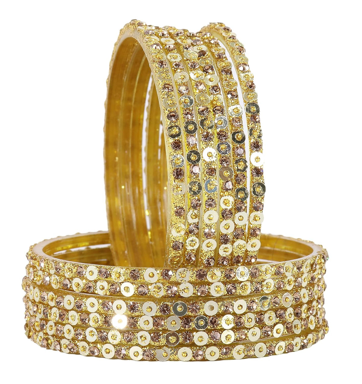 NMII Stylish Glass Bangles Set with Golden Diamond Stone & Sitara Beads Design For Women & Girls | Designer Women's Glass Bangles | Traditional Chudi Set | Girl's Bangles Fashion Jewellery- Set of 12