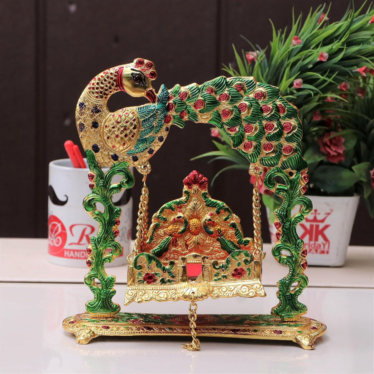 KridayKraft Metal Laddu Gopal Jhulla Palana for Janmastmi Festive Gold Plated with Meenakri Work for Your Home, Temple Office,Gift Article.