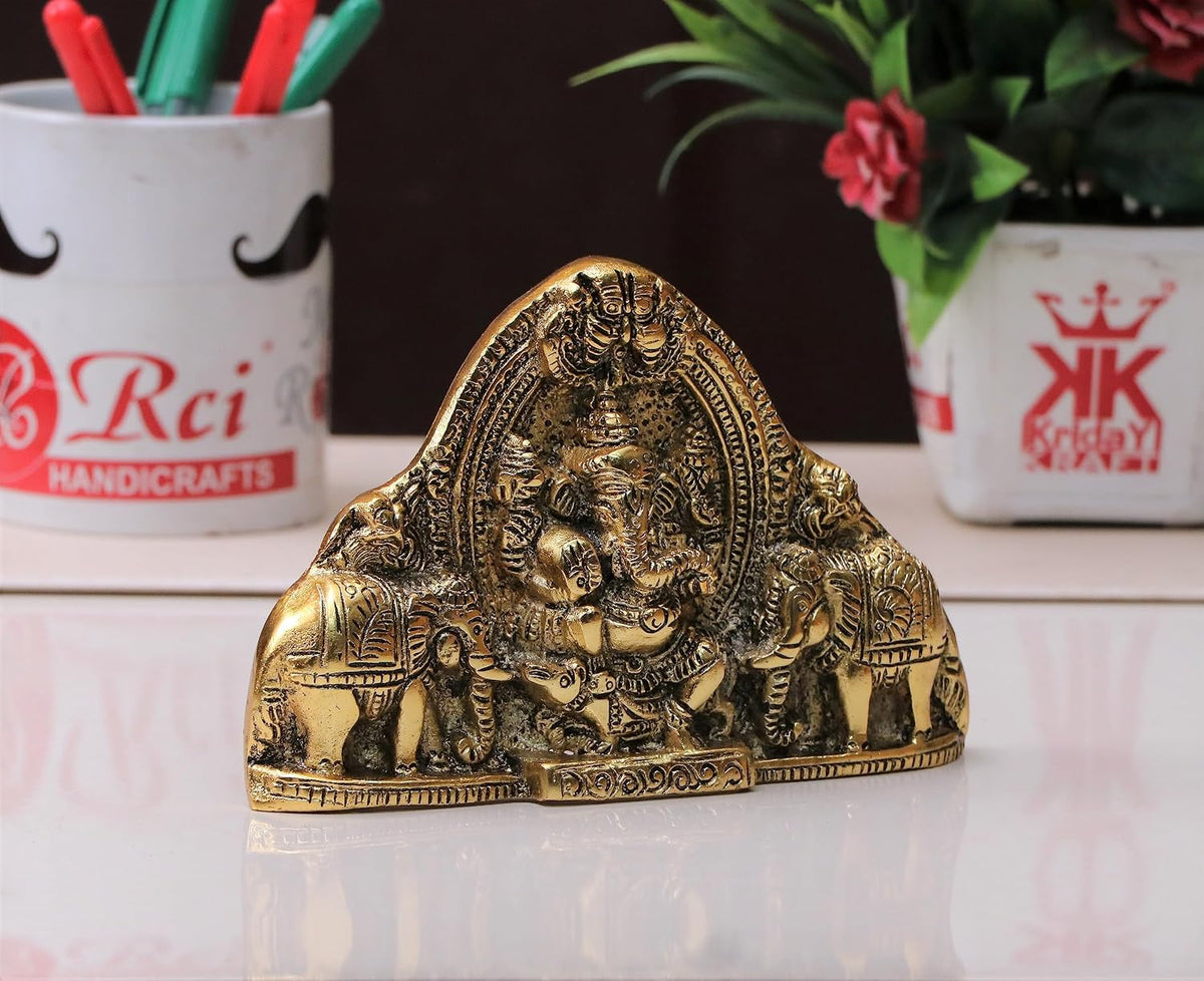KridayKraft Ganesh Wall Hanging with Elephants for Door Entrance Decorative Showpiece - 12 cm (Aluminium, Gold)