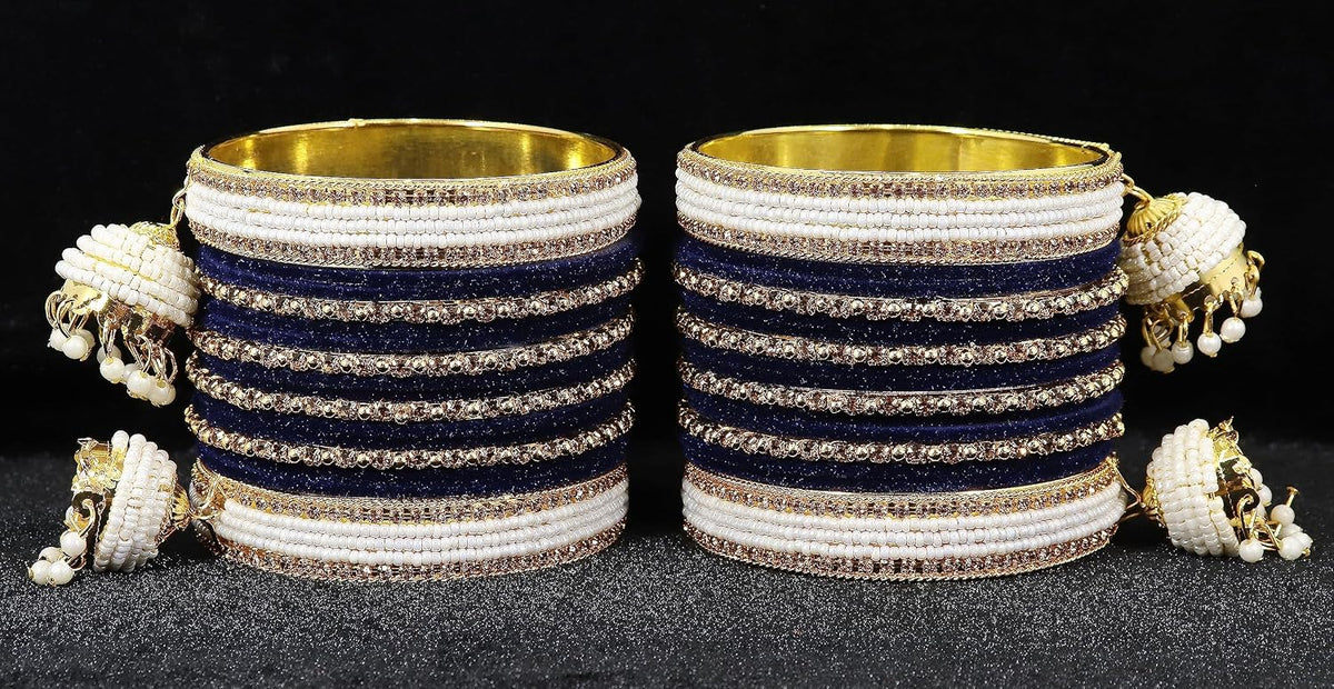 NMII Alloy Metal with Zircon Gemstone, Pearls and Velvet Latkan Golden Bangles Set For Girls and Women
