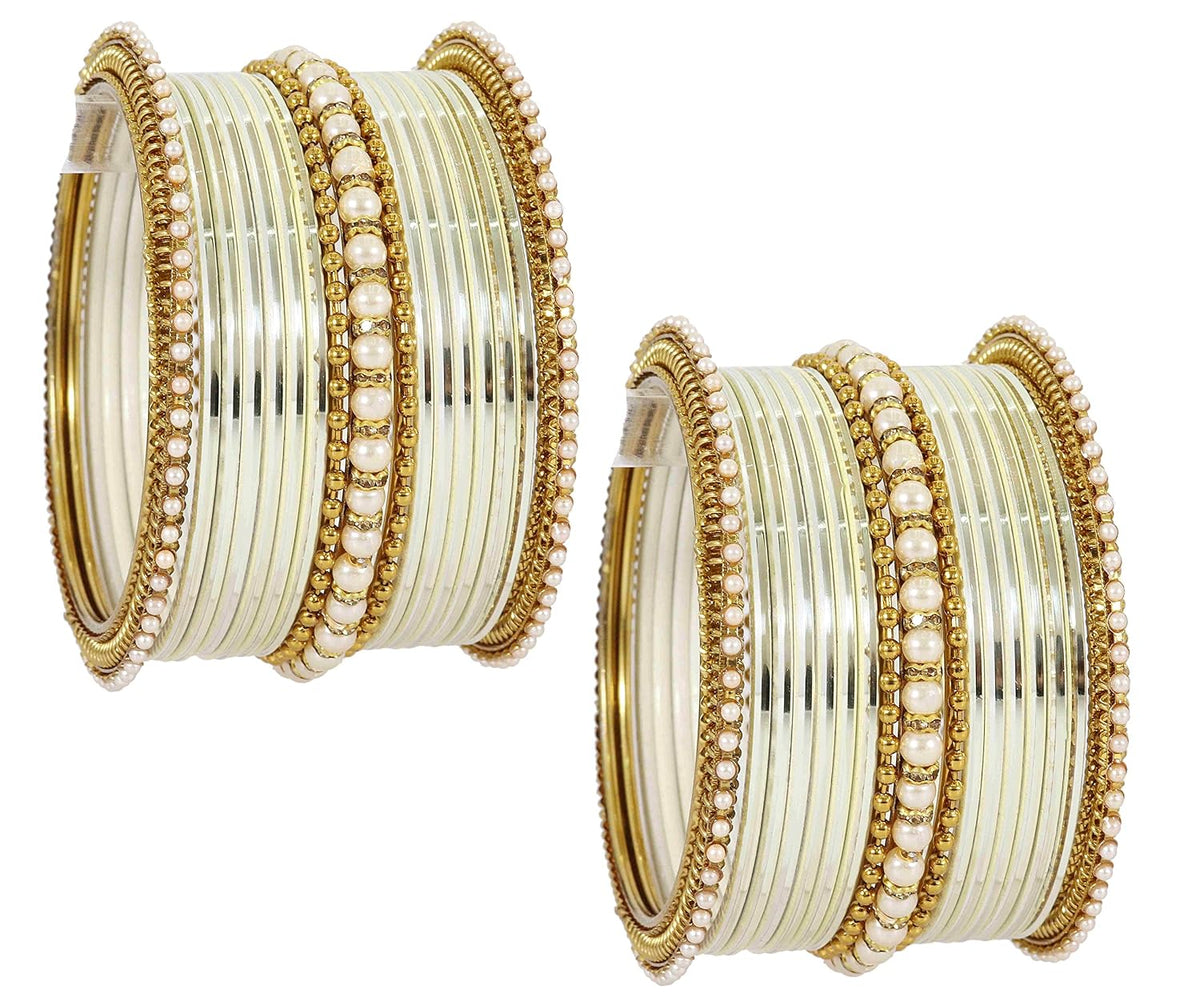 NMII Non-Precious Metal Base Metal Studded with Pearl or Zircon Gemstone and Linked with Ball Chain Glossy Finished Bangle Set For Women and Girls