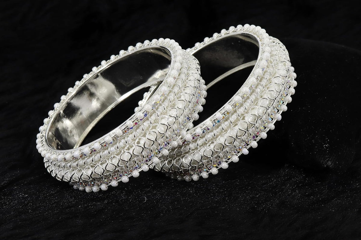 NMII Alloy Metal Bangles Kada Set For Girls and Women Studded Pearls and Zircon Stone | Metal Bangles | Pearls Bangle | Women's Bangles | (Pack of 2)
