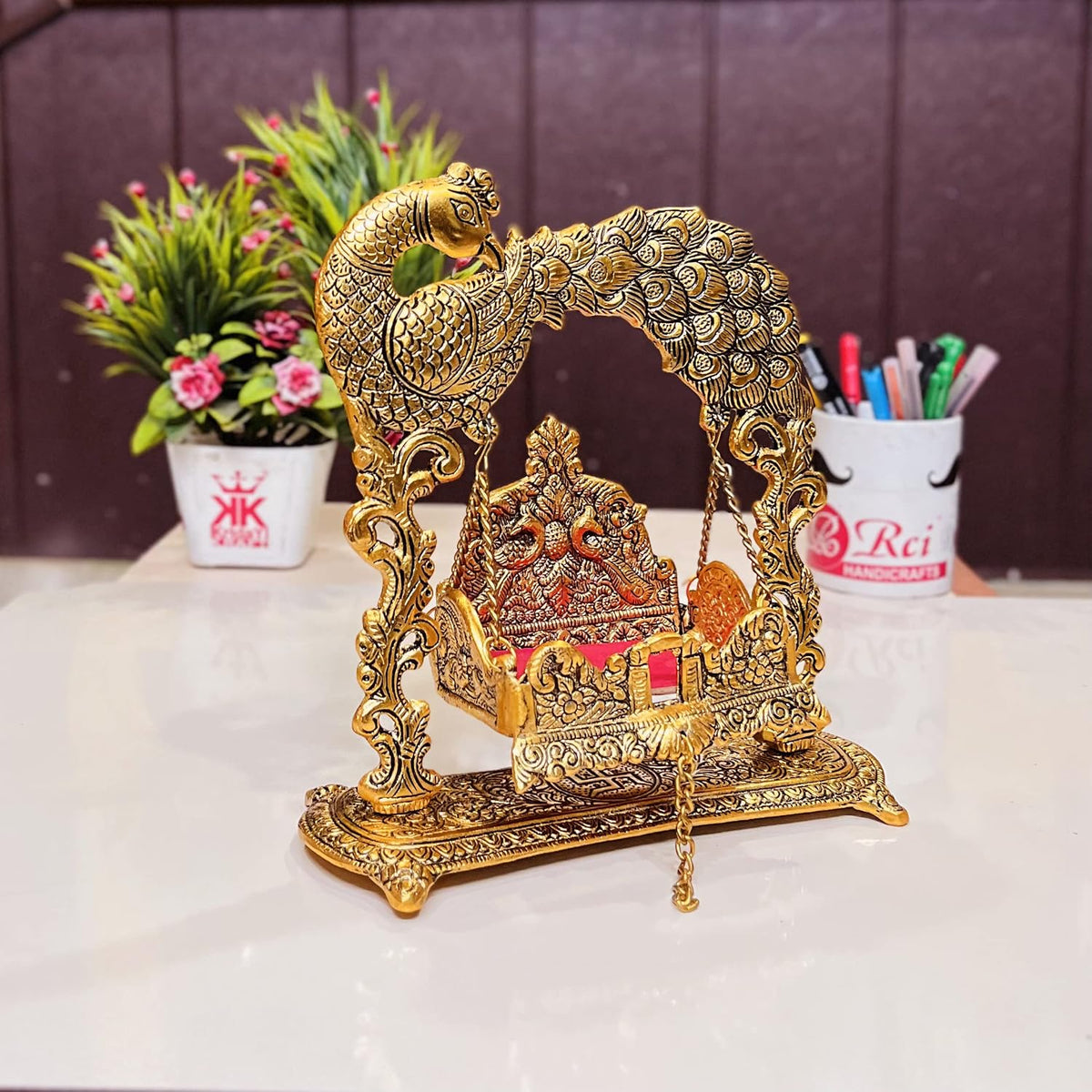 KridayKraft Metal Laddu Gopal Jhulla for Janmastmi Festive Gold Plated Decor Your Home Metal Palna for Krishna ji, Temple Office,Gift Article.