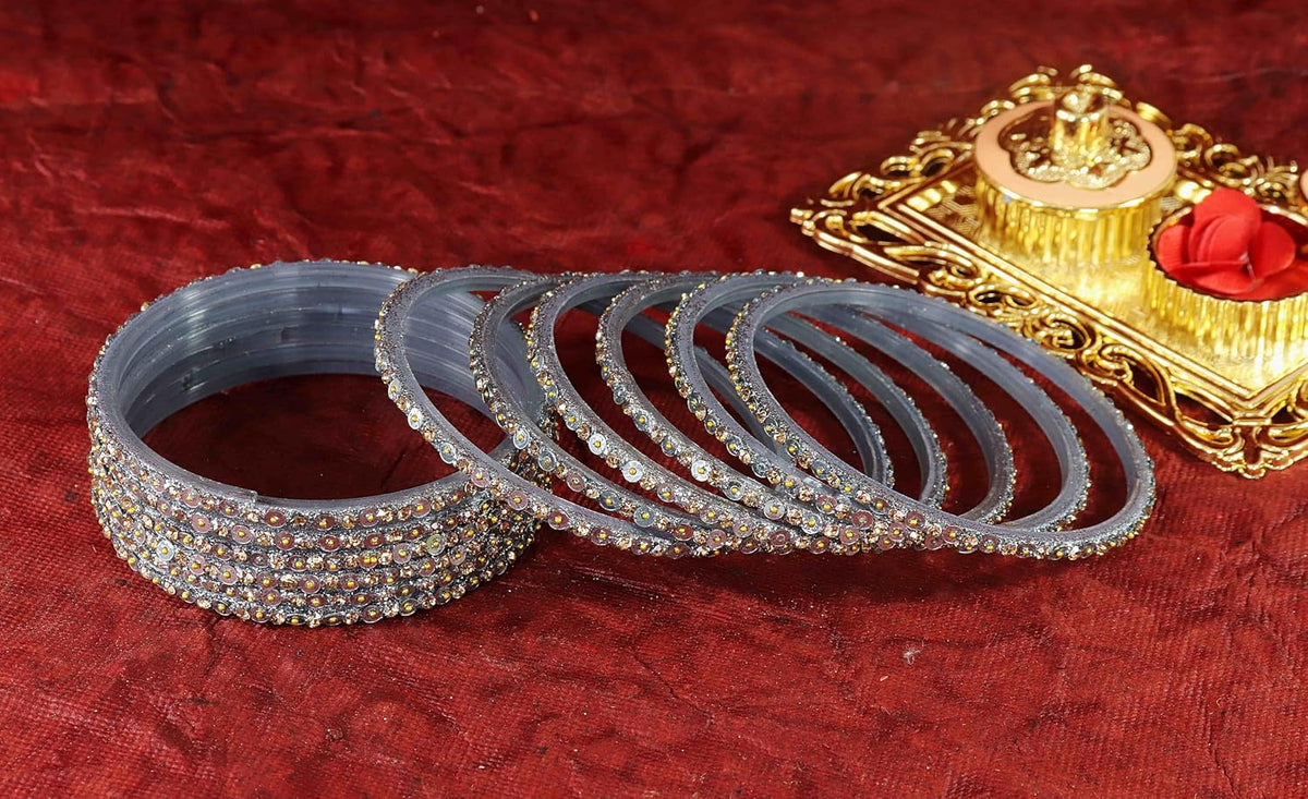 NMII Stylish Glass Bangles Set with Golden Diamond Stone & Sitara Beads Design For Women & Girls | Designer Women's Glass Bangles | Traditional Chudi Set | Girl's Bangles Fashion Jewellery- Set of 12