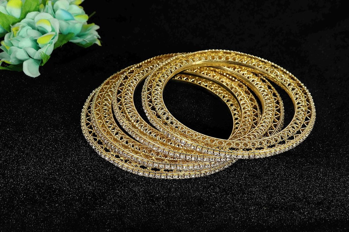 NMII Premium Gold Plated Metal American Diamond Bangles For Women & Girls | Traditional Golden Bangles | AD Stone Work | White Diamond Bangles Set For Wedding, Party, Ocassion-Set of 4