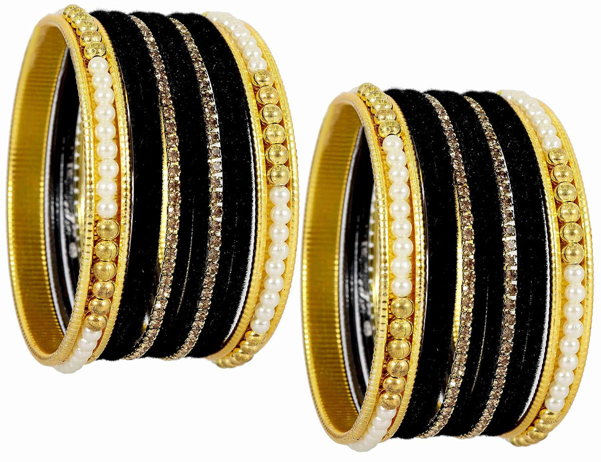 NMII Metal with Zircon Gemstone and Pearls Studded Velvet Bangle Set for Women and Girls