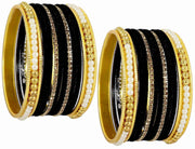 NMII Metal with Zircon Gemstone and Pearls Studded Velvet Bangle Set for Women and Girls