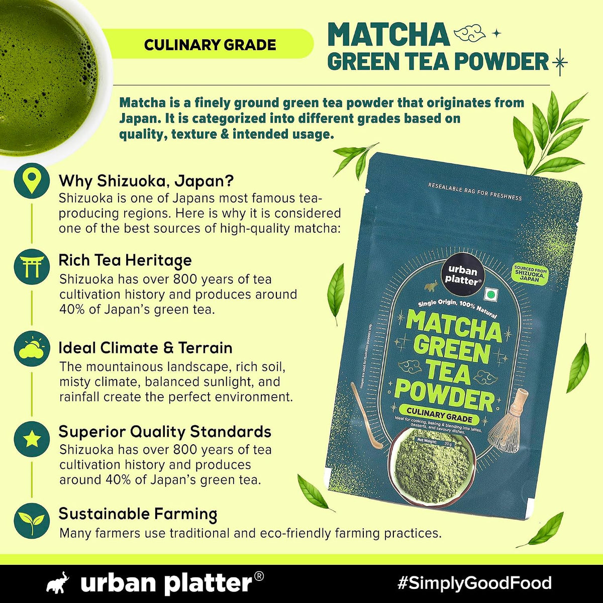 Urban Platter Japanese Culinary-Grade Matcha Green Tea Powder, 50g (Sourced from Shizuoka, Japan | Stone-Ground | Antioxidant-Rich)