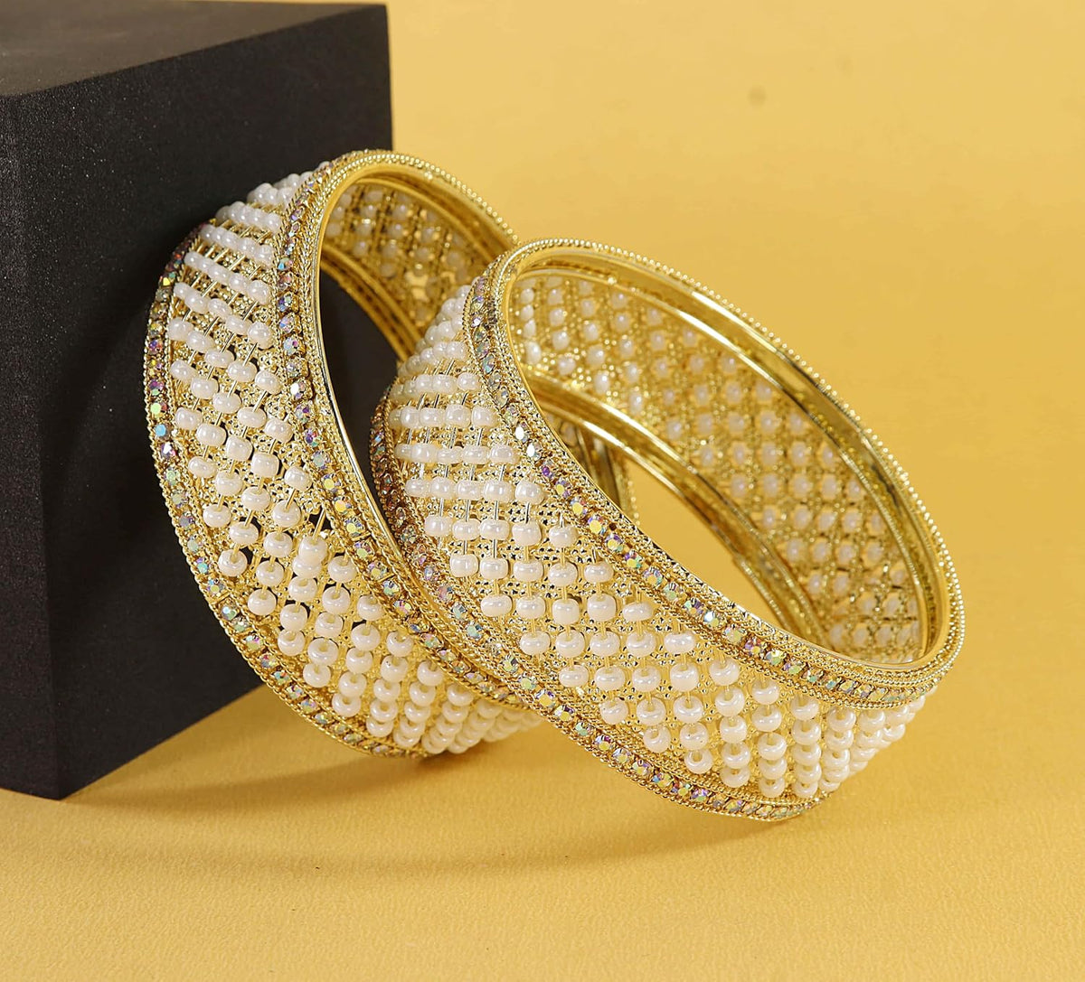 NMII Gold Plated Metal American Diamond & Kundan Bangles Set For Women & Girls | Kada Set For Women | Antique Bangles | Women's Bangles Set For Wedding, Party, Occasion Jewellery- Set of 2