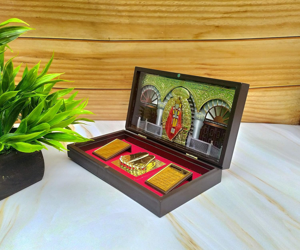 SHINDE EXPORTS Wooden Decorative Shirdi Sai Baba Photo Frame with Charan Paduka for God Pooja and Gift, Square, Tabletop, Wall Mount, 8.5x4.5 inch