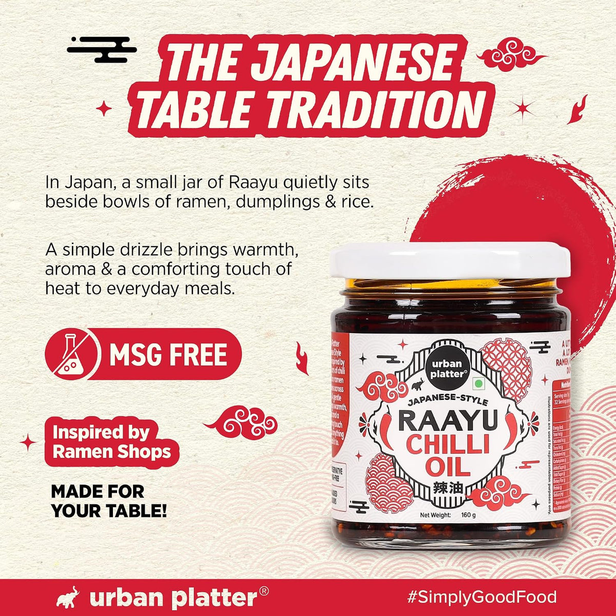 Urban Platter Raayu Chilli Oil, 160g (Japanese Condiment | Infused with Sesame & Garlic | For Ramen, Rice, Dumplings & Silken Tofu)