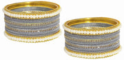 NMII Metal with Zircon Gemstone and Pearls Studded Velvet Bangle Set for Women and Girls