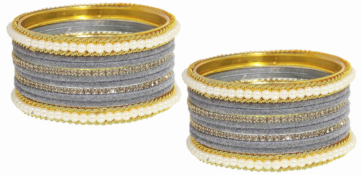NMII Metal with Zircon Gemstone and Pearls Studded Velvet Bangle Set for Women and Girls