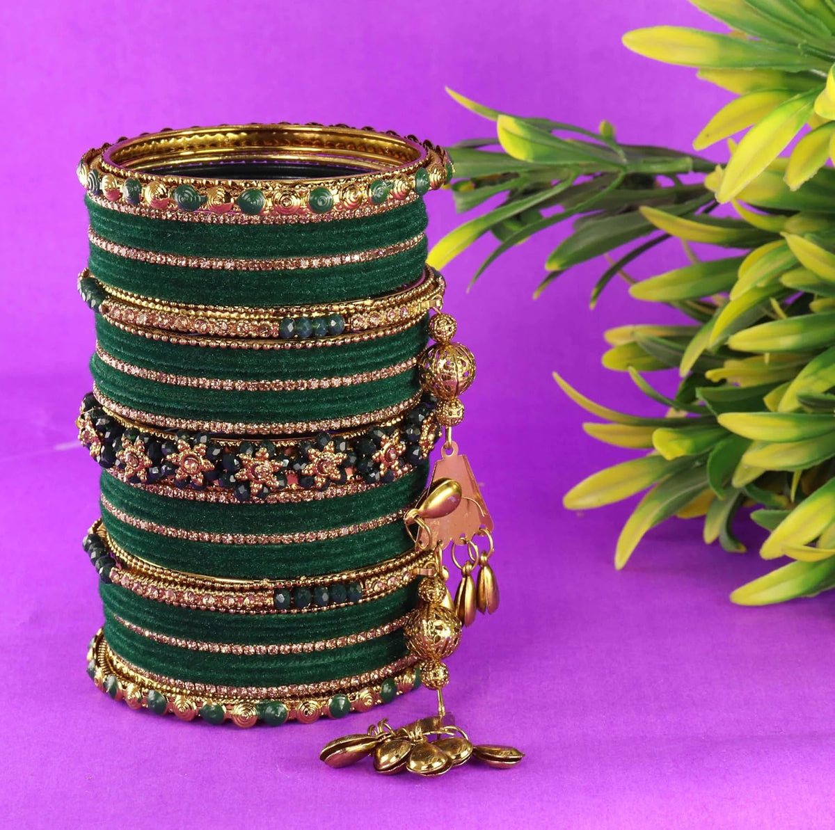 NMII Premium Bridal Velvet Chuda Set Beads & Zircon Stones Studded With Latkan Work For Women & Girls | Punjabi Wedding Chooda Bangles | Ethnic Festival Jewelry | Chuda's Gift - Set Of 82