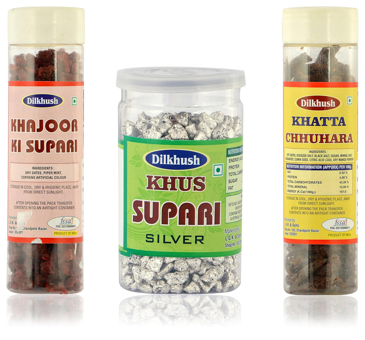 Dilkhush Khajoor Ki Supari and Khus Supari and Khatta Chhuhara, 400 g (Combo of 3)