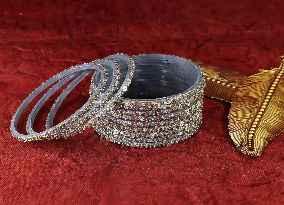 NMII Stylish Glass Bangles Set with Golden Diamond Stone & Sitara Beads Design For Women & Girls | Designer Women's Glass Bangles | Traditional Chudi Set | Girl's Bangles Fashion Jewellery- Set of 12