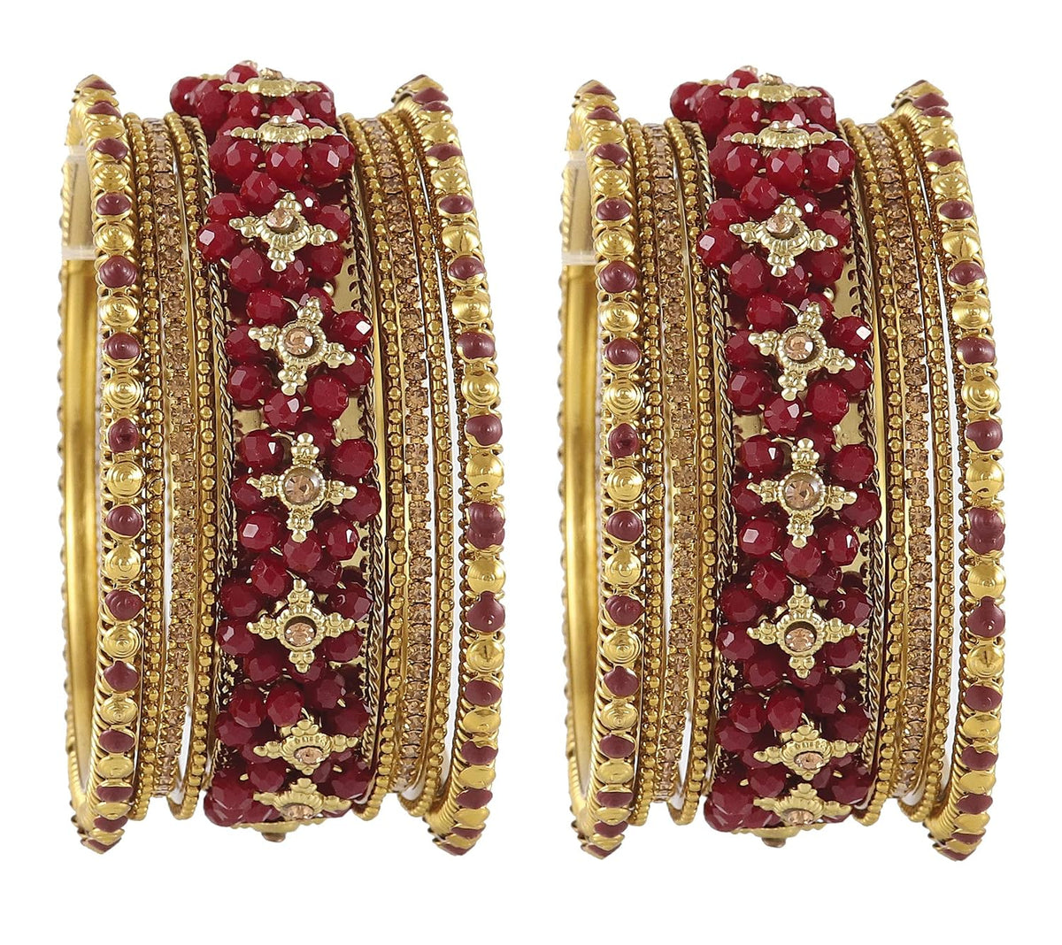NMII Non-Precious Metal Base Metal with Zircon Gemstone Or Pearl and Flower Pattern with Ball Chain Linked Glossy Finished Bangle Set
